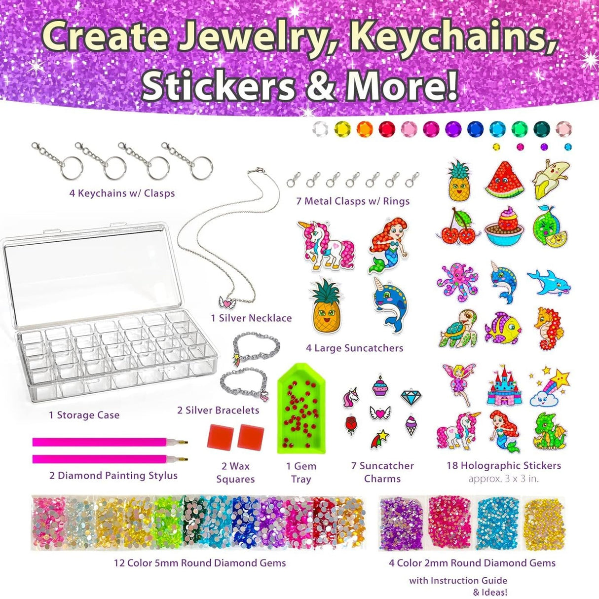 BRYTE Diamond Painting Kits for Kids - Unicorn & Mermaid Crafts with Storage Case, Jewelry, Keychains, Stickers & More - Diamond Art Kits for Kids BRYTE