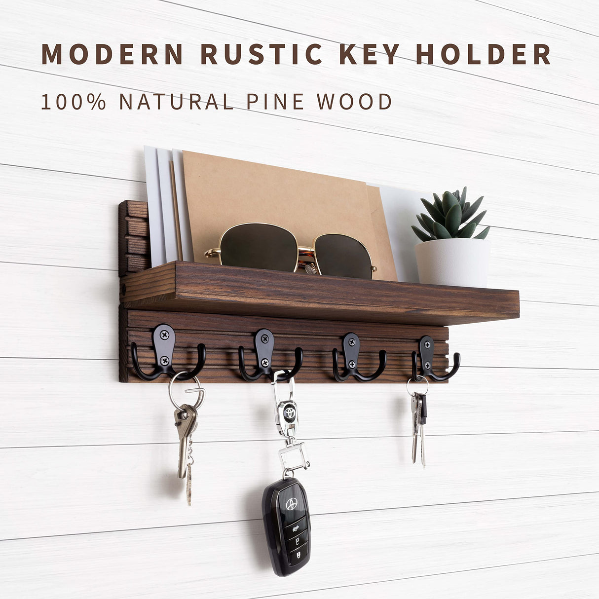 NAUMOO Natural Wooden Key Holder - Wall Mounted Mail Organizer and Key Hanger - Rustic Farmhouse Entryway Shelf with 4 Double Hooks - Decorative Rack for Car Keys, Wallet (Dark Brown) NAUMOO