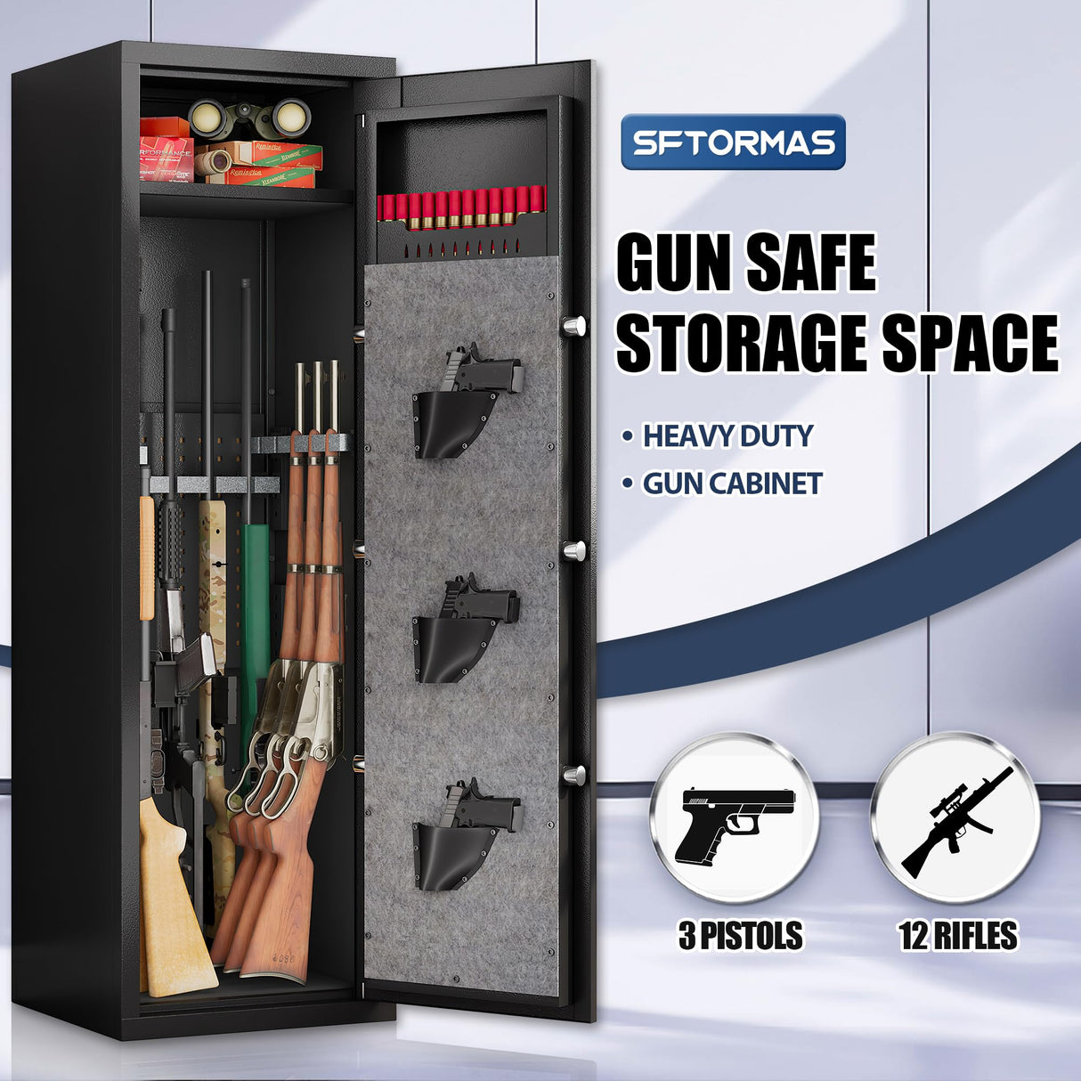 10-15 Large Gun Safe Cabinet With 3 Pistol Pouches,rifle Gun Safes for Home fireproof waterproof Adjustable Rack and Biometric Lock,Heavy-Duty Gun Safes for Rifles and Shotguns Money and Valuable PRESTELION