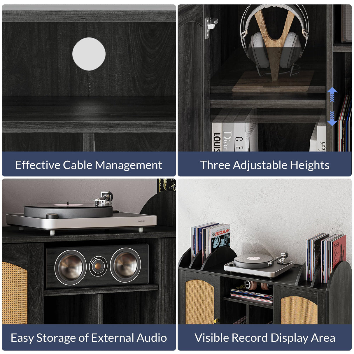 BELLEZE Mid-Century Record Player Stand, Vinyl Record Storage Cabinet Holds up to 350+ Albums, Rattern Decorated Turntable Stand with Power Outlet for Living Room, Office - Brown BELLEZE