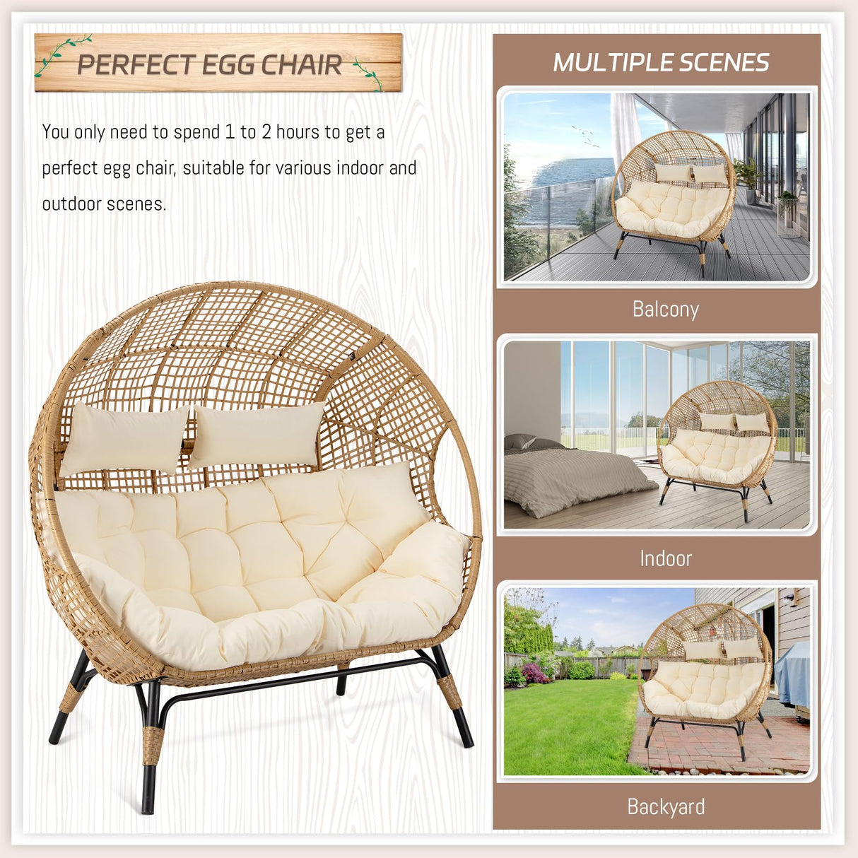 BULEXYARD Double Egg Chair Indoor Outdoor 680lbs, 2 Person Brown Wicker Oversized Stationary Egg Chair with Beige Thick Cushion, Patio Wide Lounge Loveseat with Legs for Balcony, Porch BULEXYARD