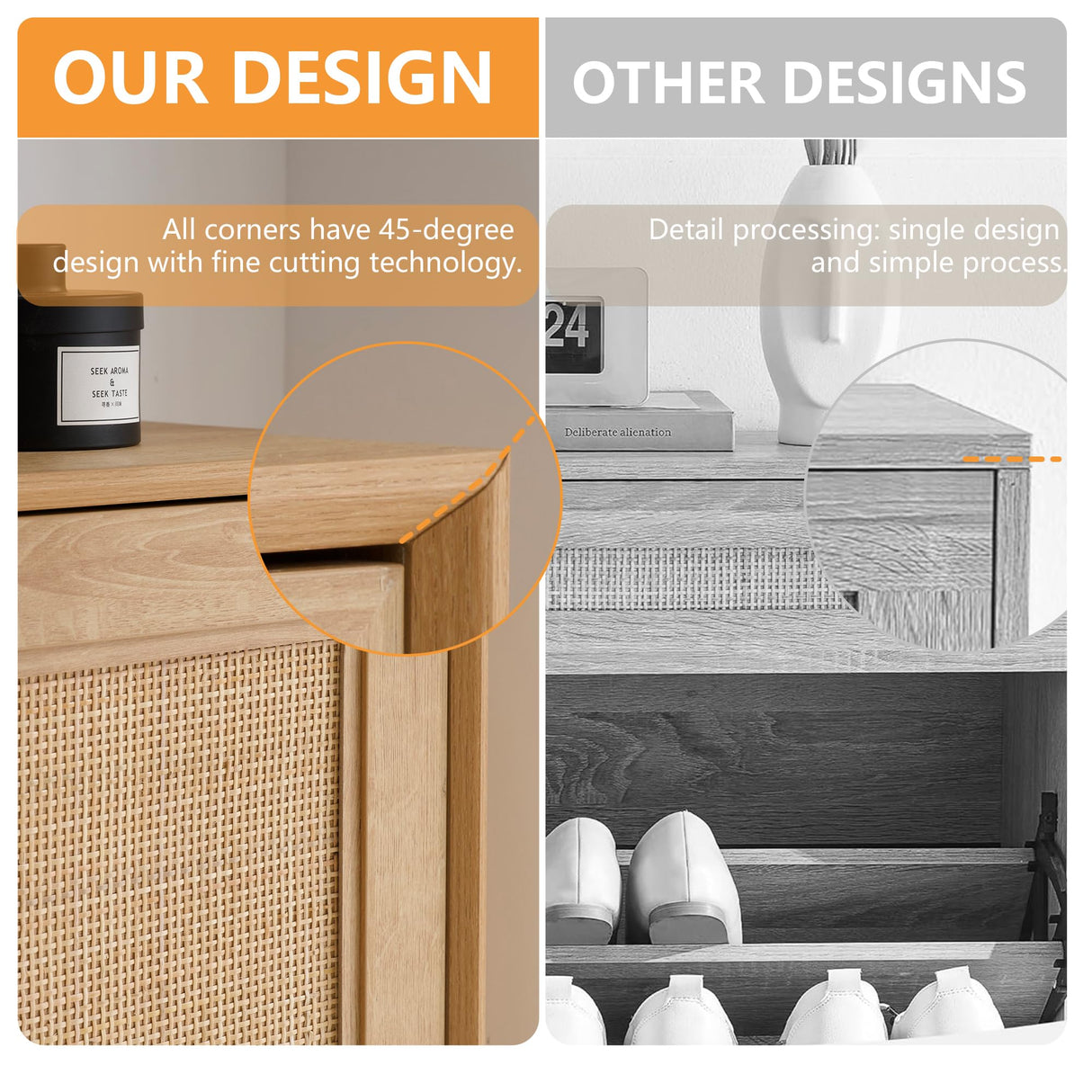 HOOLETE Narrow Shoe Cabinet with 3 Flip Drawers Hidden Freestanding Shoe Rack with Natural Rattan Doors Wooden Shoe Storage Cabinet with Solid Wood HOOLETE