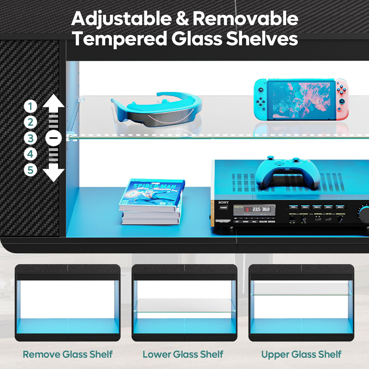 Bestier Led Entertainment Center for PS5, Gaming TV Stand with Cabinet for 60/65 Inch TV, Modern TV Console with Adjustable Glass Shelf for Living Room Easy Assembly Carbon Fiber Black Bestier