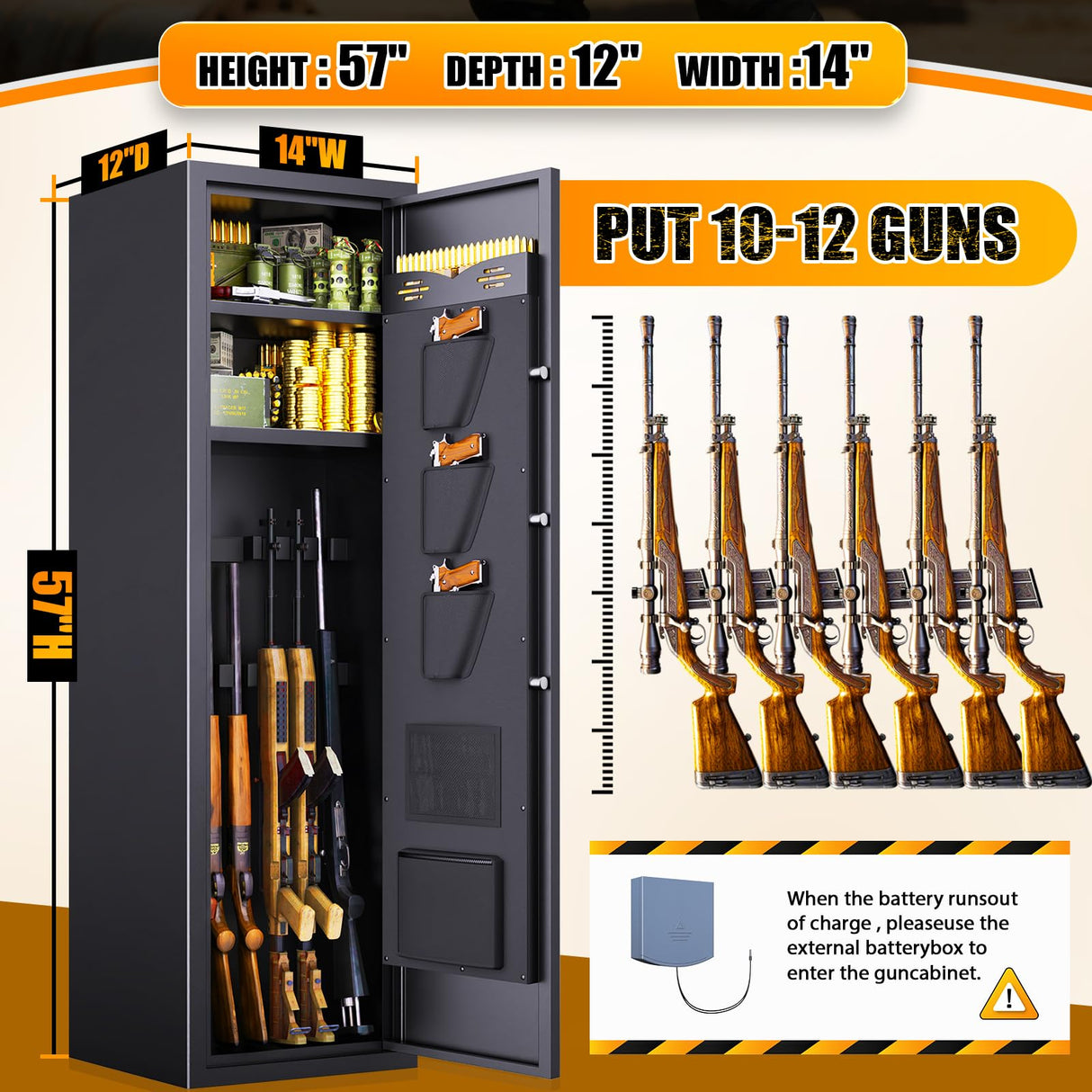 10-12 Gun Safe Biometric,Gun Safe for Rifles and Pistols No Assembly Required, Larage Gun Cabinet With 3 Pistol Pouches Alarm,Gun Locker for Shotguns Fingerprint Adjustable Shelves & Gun Racks FFVVGH