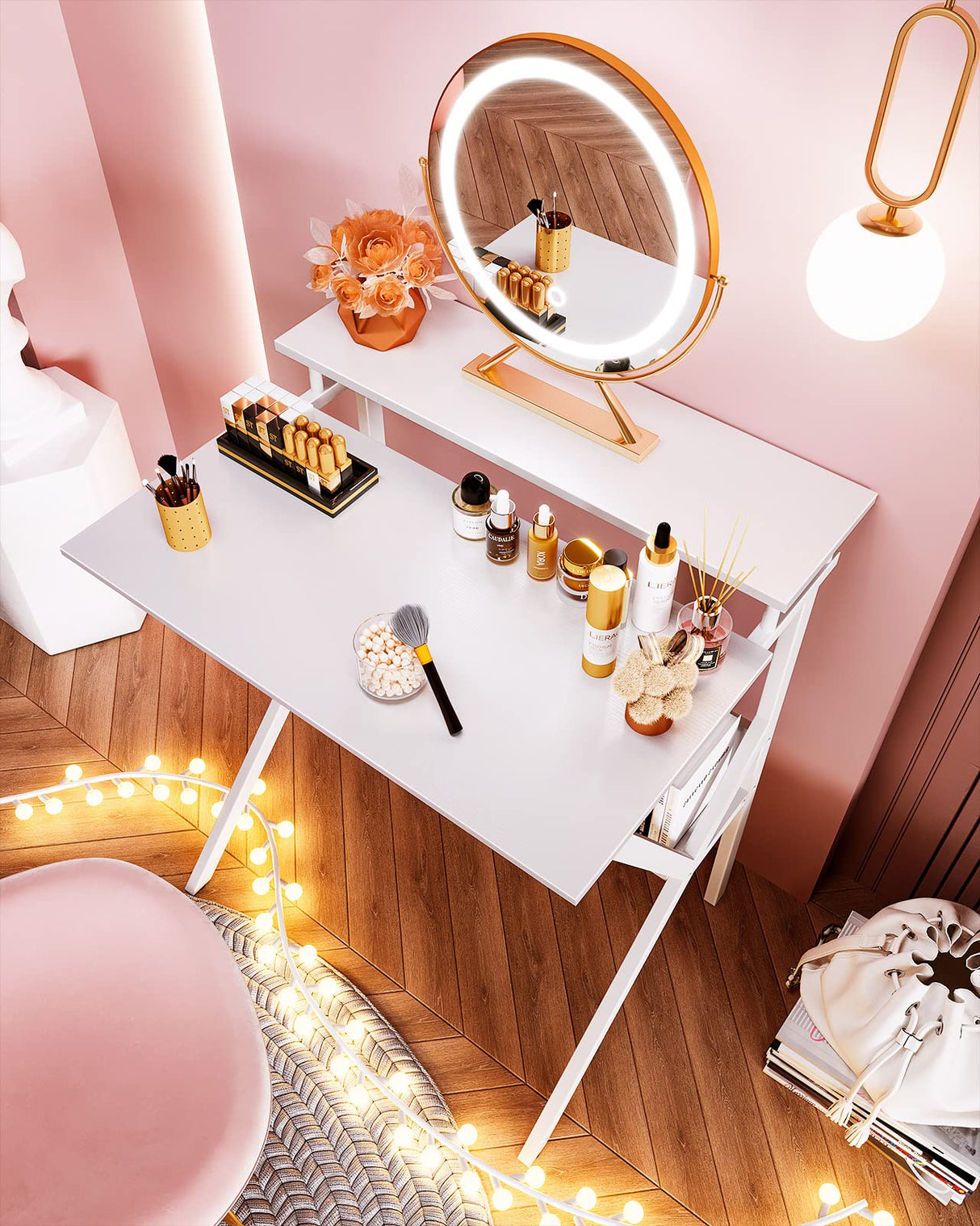 ODK Small Computer Desk, 27.5 inch Desk for Small Spaces with Storage, Compact Table with Monitor & Storage Shelves for Home Office, Modern Style Laptop Desk, Pure White ODK