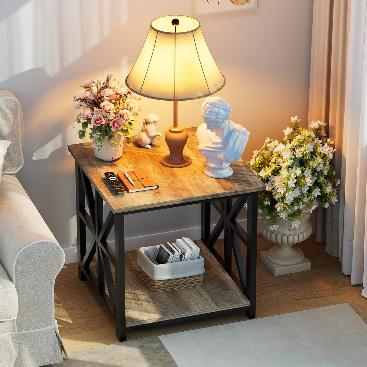 GreenForest End Table with 2-Tier Storage Shelf, 24 inch Side Table for Living Room,Modern Nightstand for Bedroom Bedside Office Farmhouse, Grey Wash GreenForest