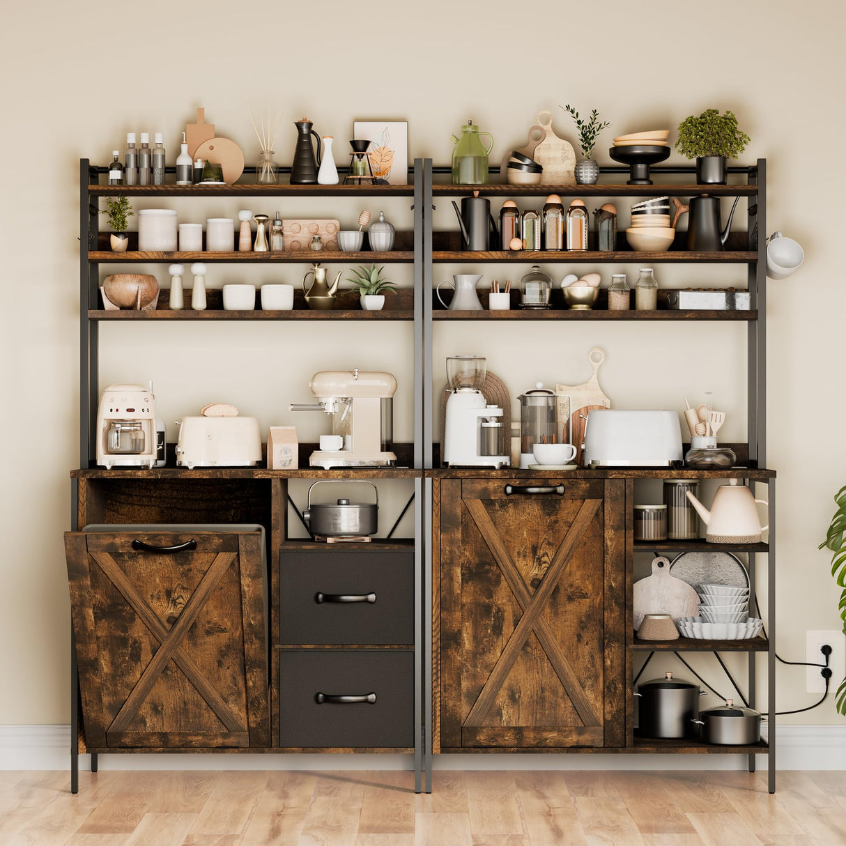 Kitchen Bakers Rack with Storage Drawers and Power Outlet, 65.8”Coffee Bar Cabinet with 6 Hooks, Microwave Stand with Tilt Out Trash Can Cabinet for Dining Room Living Room, Fits 10-Gallon Bins spanspace