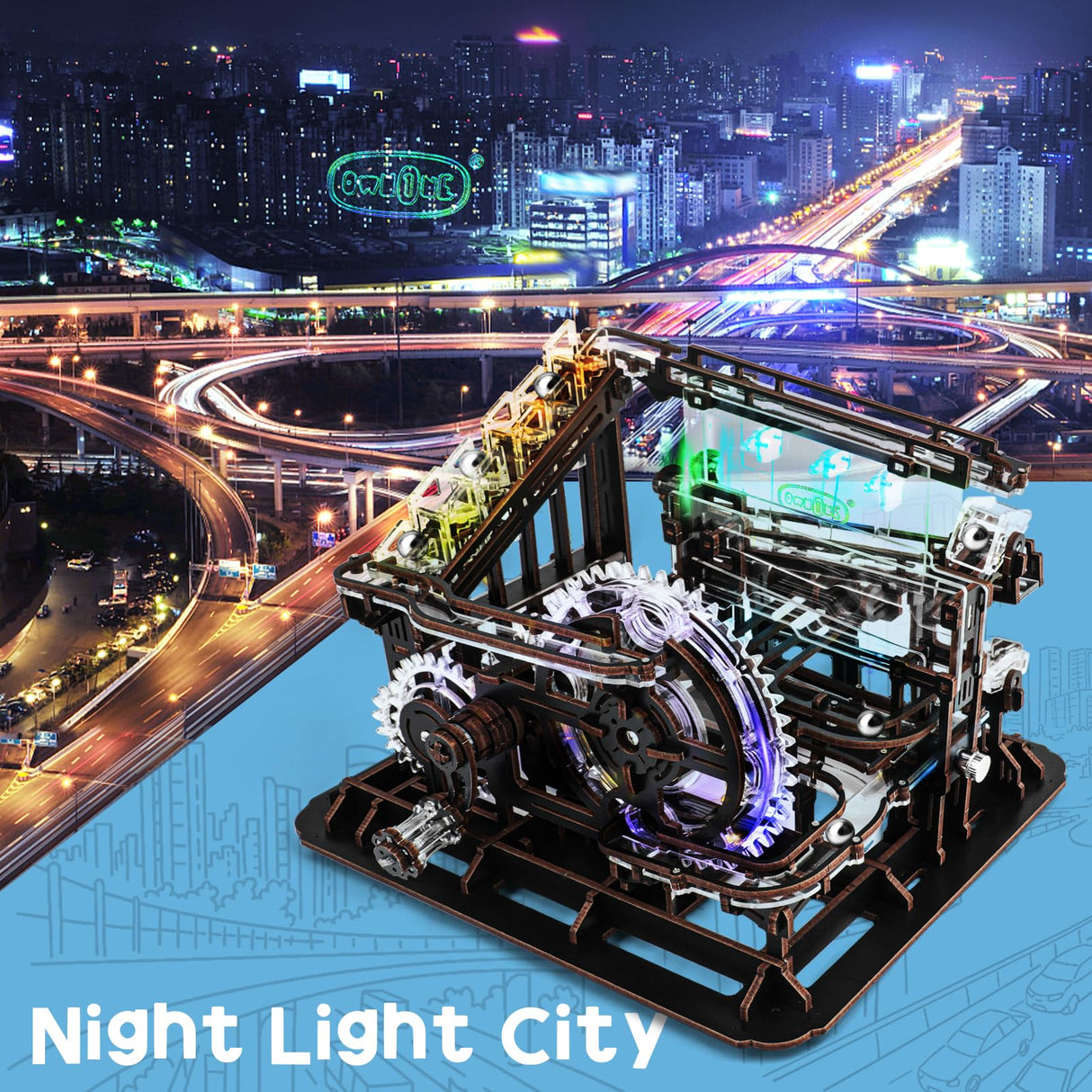 OWNONE 1 3D Wooden Puzzle Marble Run with LED Lights, Wooden Model Building Kits for Adults, Wood Mechanical Puzzle Building Set, Office Desk Decor Gift for Men Adults (312 PCS) OWNONE 1