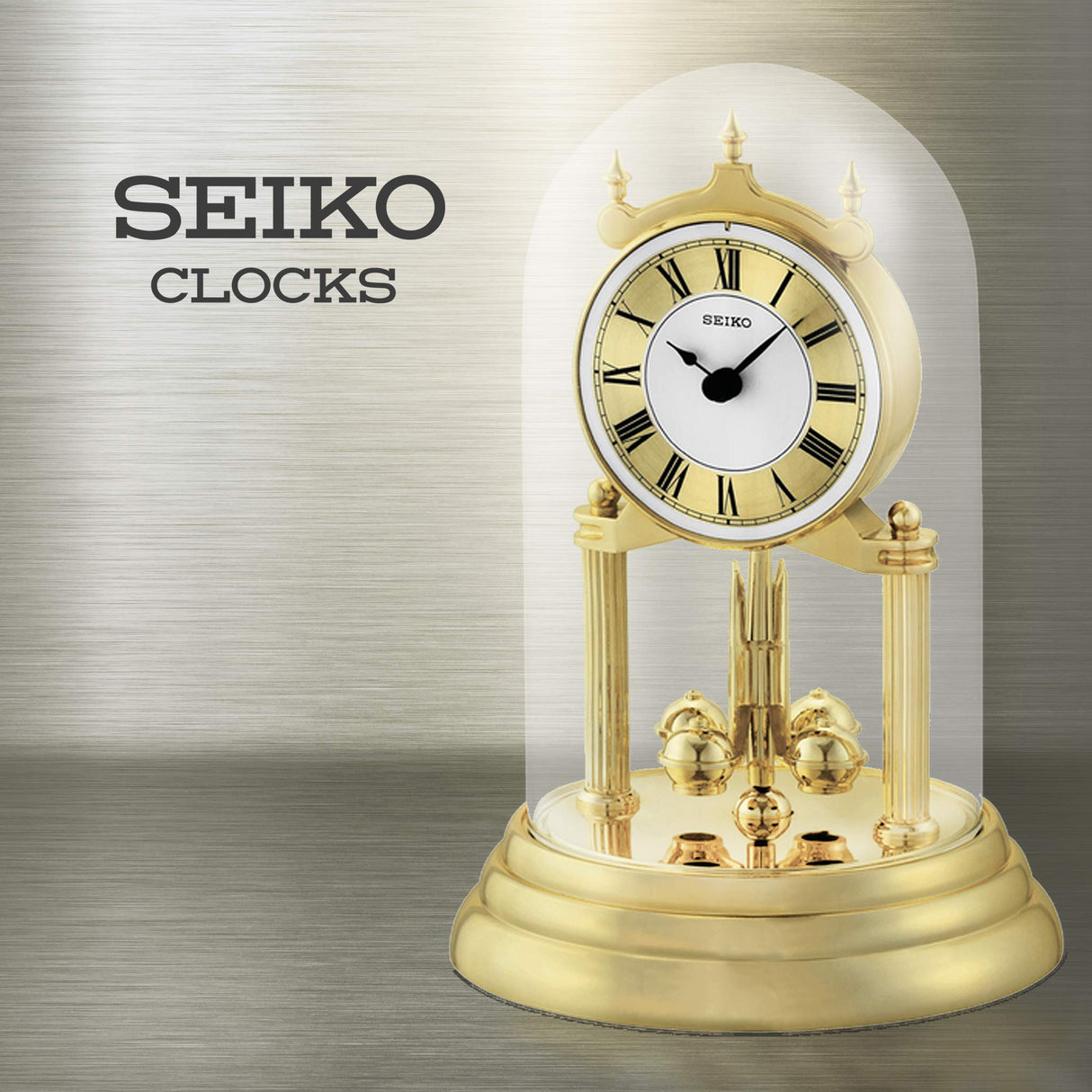 SEIKO 9 Inch Anniversary Mantel Clock with Glass Dome & Rotating Pendulum Seiko