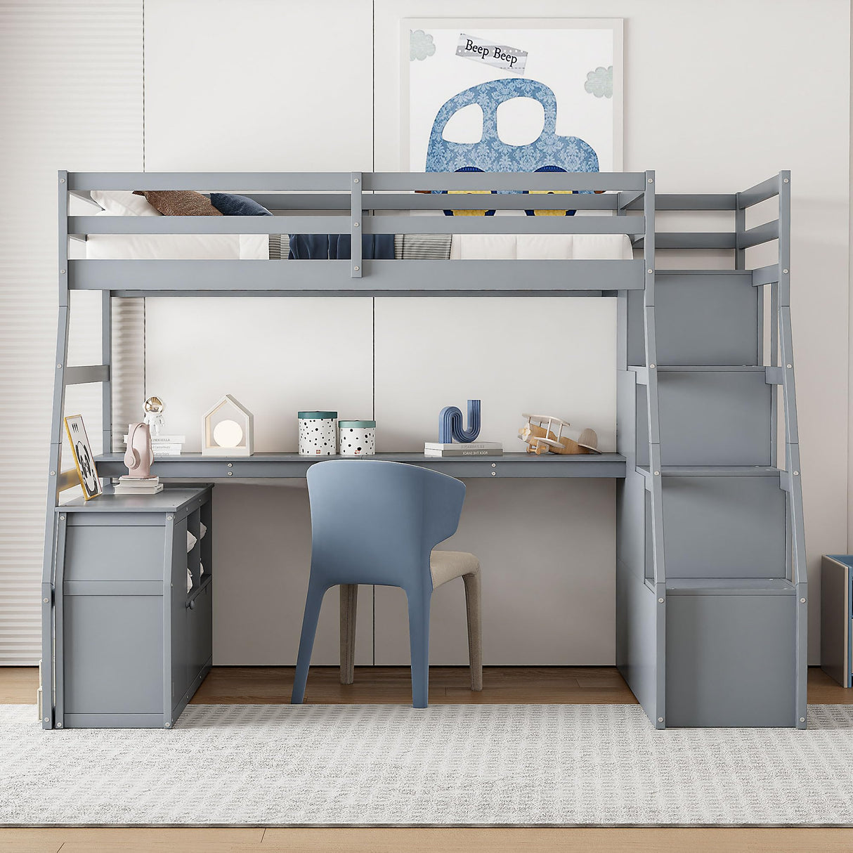 Harper & Bright Designs Full Size Loft Bed with Stairs and Desk, Solid Wood Loft Bed Frame with Storage Drawers and Shelves, for Kids Teens Adults - Gray Harper & Bright Designs