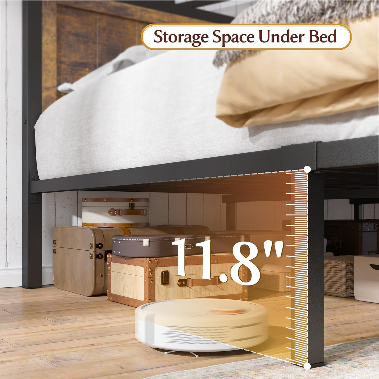 EnHomee Farmhouse King Size Bed Frame with 2 Storage Drawers & LED, Metal King Bed Frame Built in Charging Station,NO Noise,No Box Spring Needed,Brown EnHomee