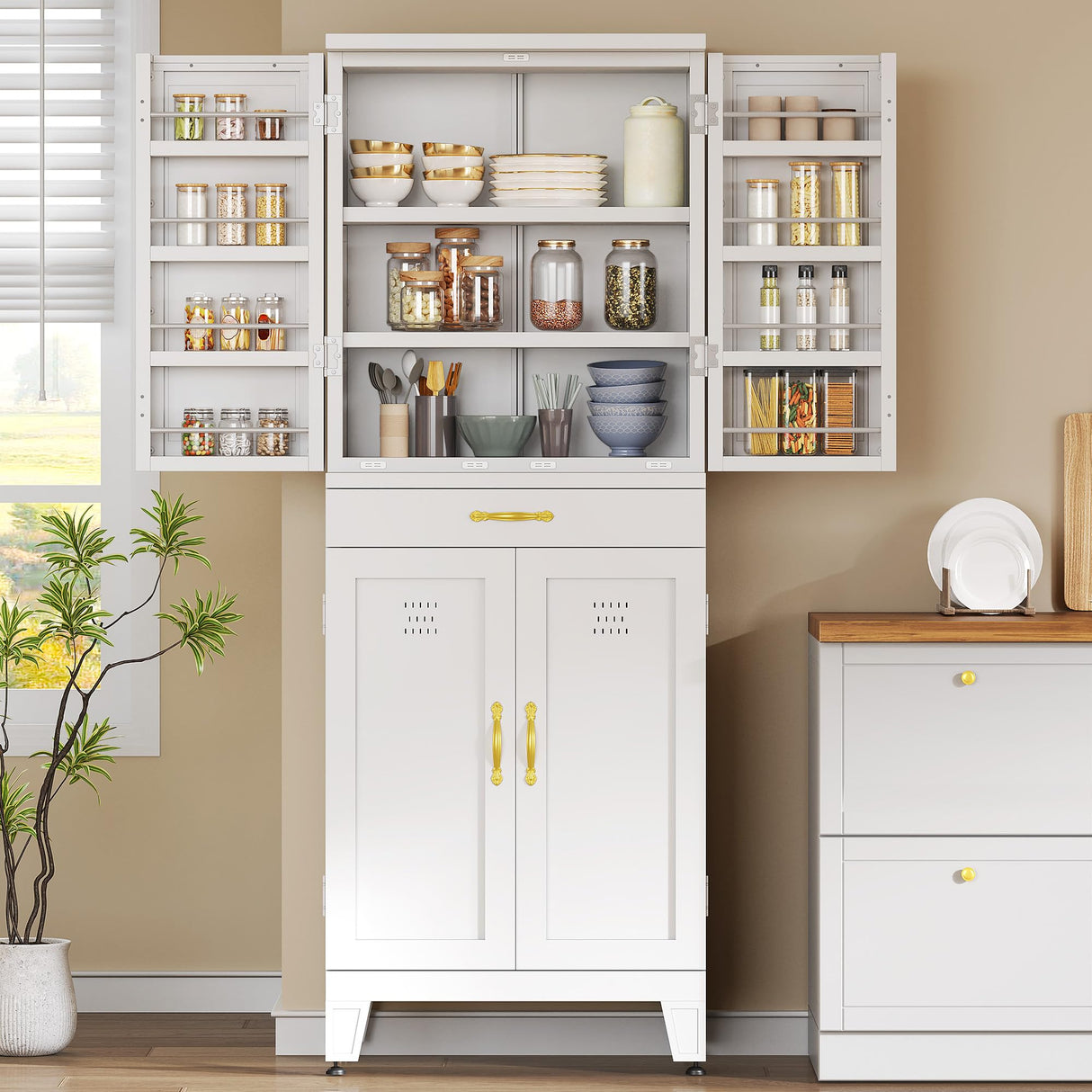 YITAHOME 71" Tall Kitchen Pantry, Metal Kitchen Storage Cabinet with Adjustable Shelves, Pantry Organizer with 2 Door and Drawer for Dining Room, Living Room, Bathroom, White YITAHOME