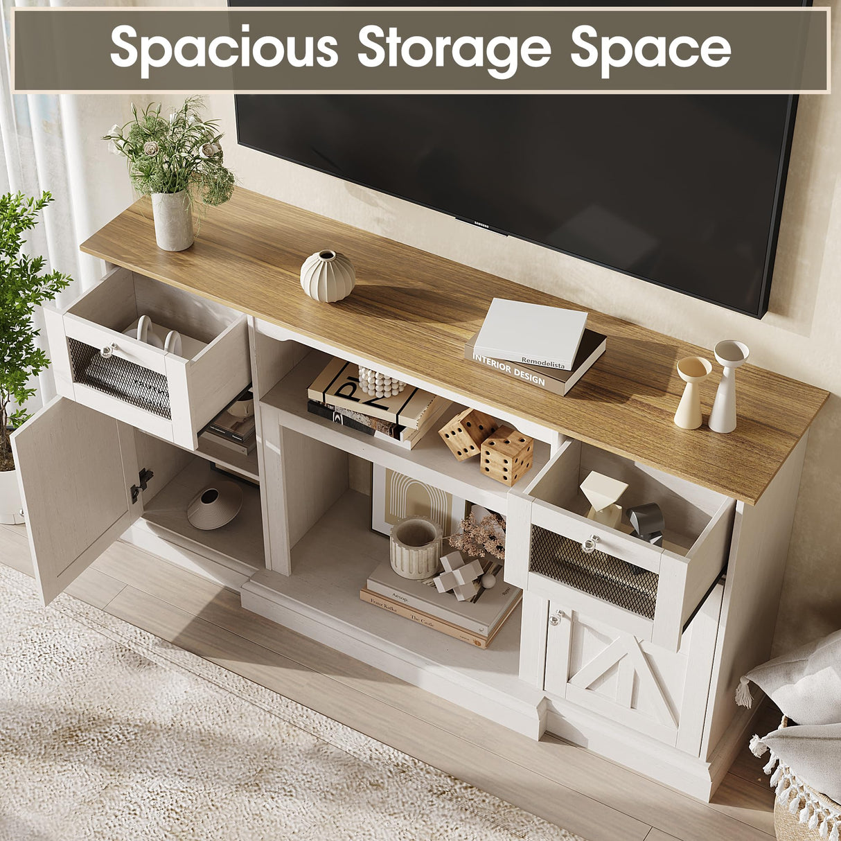 Maupvit Modern Farmhouse TV Stand for 65 Inch TV, Entertainment Center with Storage Cabinets and Adjustable Shelves, Wood TV Media Console Storage Table and Media Furniture for Living Room, Milk White Maupvit