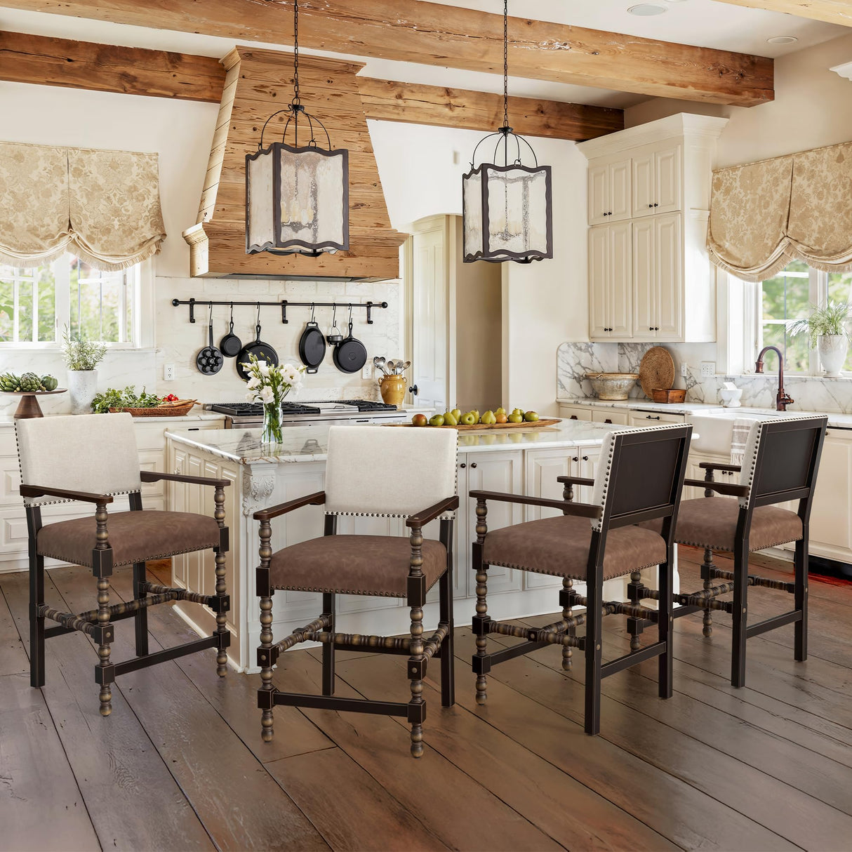 Cozyman Counter Height Bar Stools Set of 4, 26''French Leather Barstools with Arms and Backrest, Counter Stool with Solid Rubberwood Frame, Upholstered Farmhouse Bar Stools, Linen Color-Espresso Cozyman