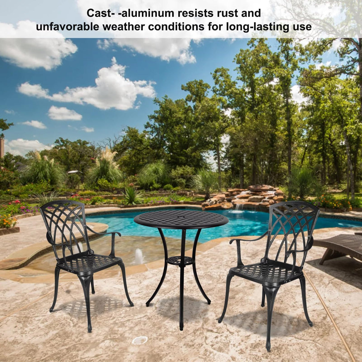 Polar Aurora 3 Piece Patio Bistro Set Cast Aluminum Bistro Table Set Outdoor Round Dining Table with Umbrella Hole for Porch, Lawn, Garden, Backyard, Pool,Black Polar Aurora