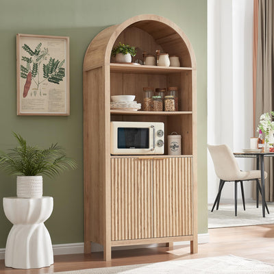 WINWY Arched Cabinet Bookshelf Bookcase - 71” Tall Mid Century Arched Display Cabinets, Rounded Bookshelf with Fluted Doors, Open Shelf Storage Cabinet for Dining Room (Natural)