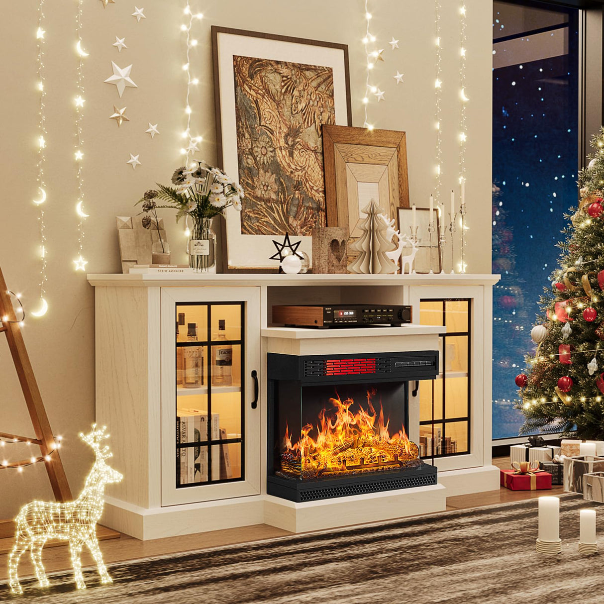 oneinmil 59'' Fireplace TV Stand, 3 Sided Glass Media Entertainment Center Console Table for TVs up to 65'' with Glass Door Adjustable Flame LED Color for Living Room, Set of TV Table, White oneinmil