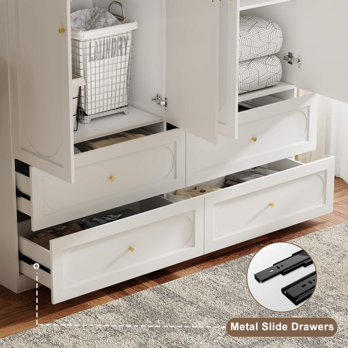 Swyanste White Armoire Wardrobe Closet: 74" Large Wardrobe Closet with 4 Drawers, 4 Door Armoire Wardrobes for Hanging Clothes, Modern Wooden Closets for Bedroom (White) Swyanste