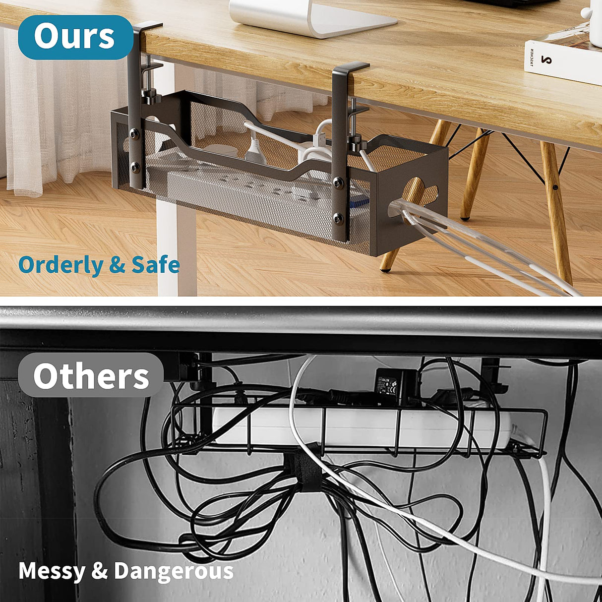 Under Desk Cable Management Tray No Drill, Metal Mesh Cable Management Under Desk with Clamp Mount, 2 Hole Cable Tray with Wire Management and Cord Organizer for Home Office Standing Desk Litwaro