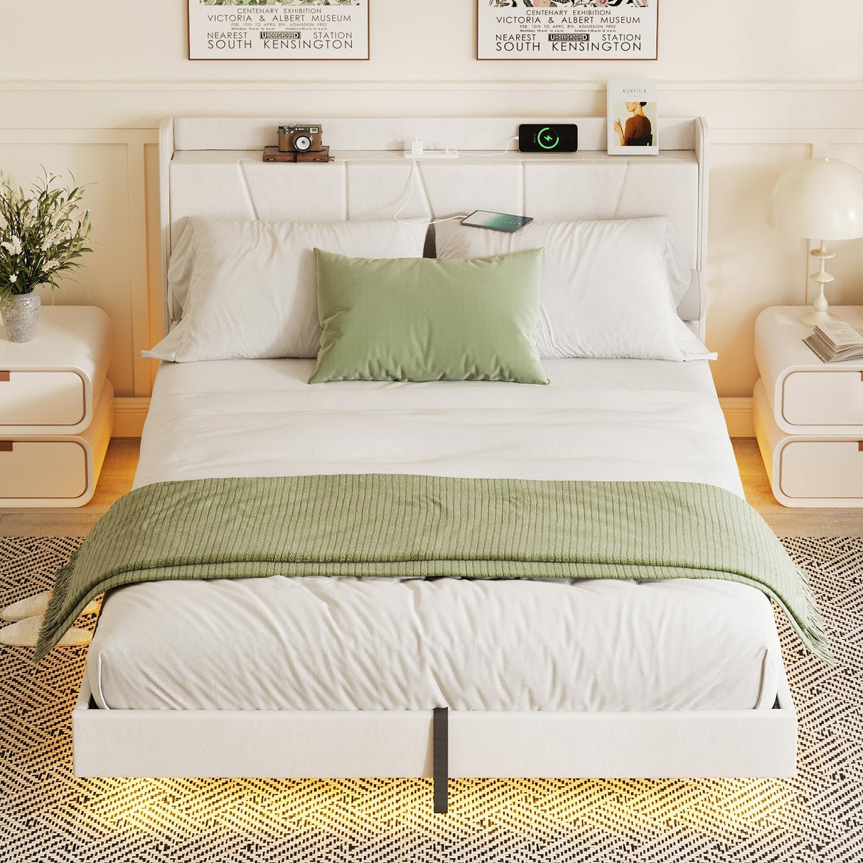 Halitaa King Size Floating Bed Frame with LED Lights, Lift-Up Storage, and Charging Station in White PU Leather Halitaa