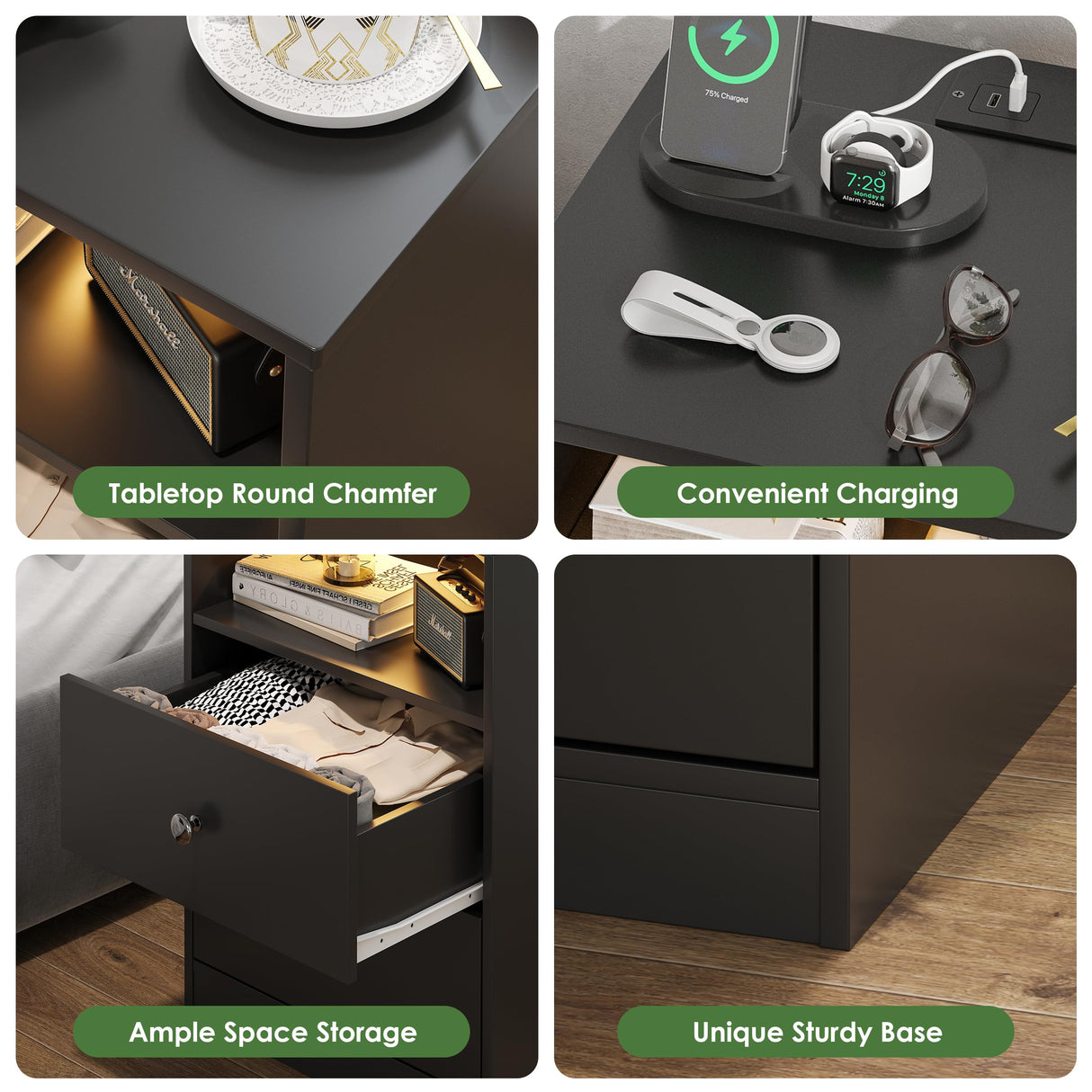 AYEASY Night Stand with Charging Station, LED Wood Black Nightstand Bedside Table with 2 USB Ports & Outlets, Nightstands with 2 Large Drawers, End Side Table Dresser with Storage Shelf for Bedroom. AYEASY