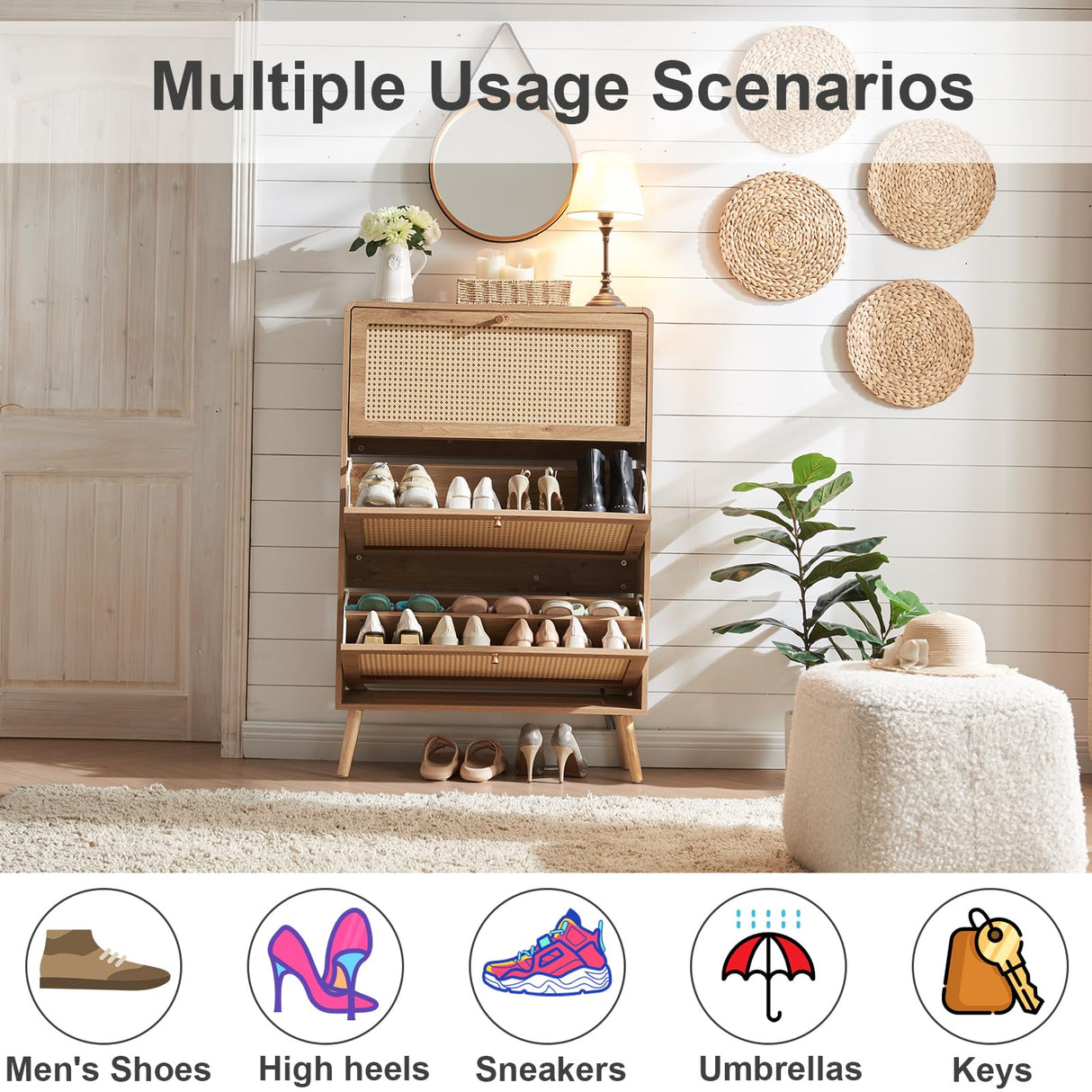 Anewome Rattan Shoe Cabinet with 3 Flip Drawers, 24 Pairs Shoe Storage Cabinet for Entryway Freestanding Hidden Shoe Rack with Drawers Slim Shoe Organizer for Hallway, Living Room, Natural Anewome