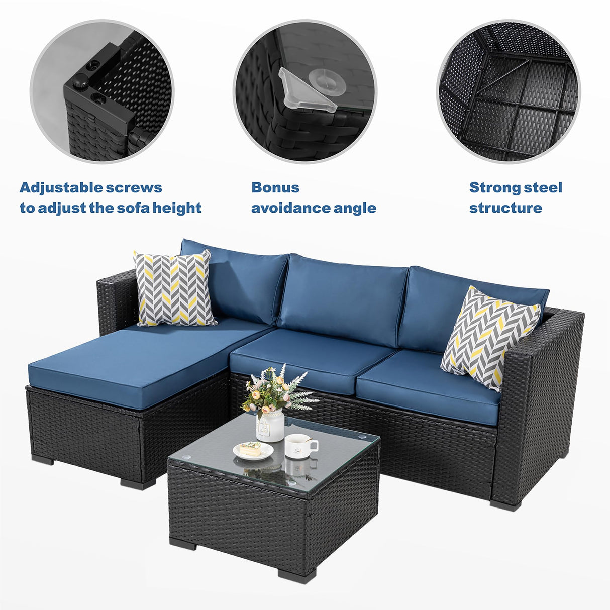 Vongrasig 5 Pieces Patio Furniture Sets, Wicker Outdoor Sectional Furniture with Glass Table and Cushions, Rattan Patio Conversation Sets for Garden, Poolside, Backyard(Dark Blue) Vongrasig