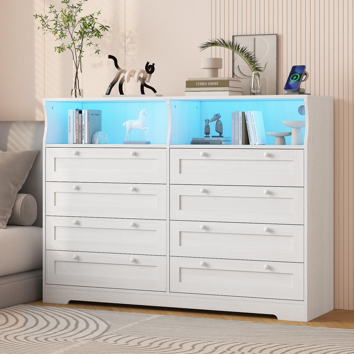 GarveeHome 8 Drawers Wooden Dressers with LED Lights and Power Outlet for Bedroom, Large Modern Wood Dresser for Living Room, Hallway, Wide Chest of Drawers Wood TV Stand Dressers for 55" TV (White) GarveeHome