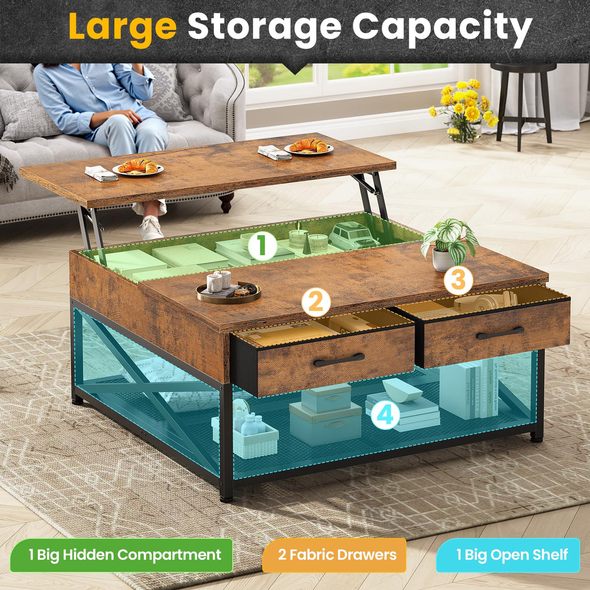 Itaar 31.5" Lift Top Coffee Table with Storage, Square Coffee Tables for Living Room, Coffee Table with 2 Fabric Drawers & Large Storage Shelvs, Rustic Brown Itaar