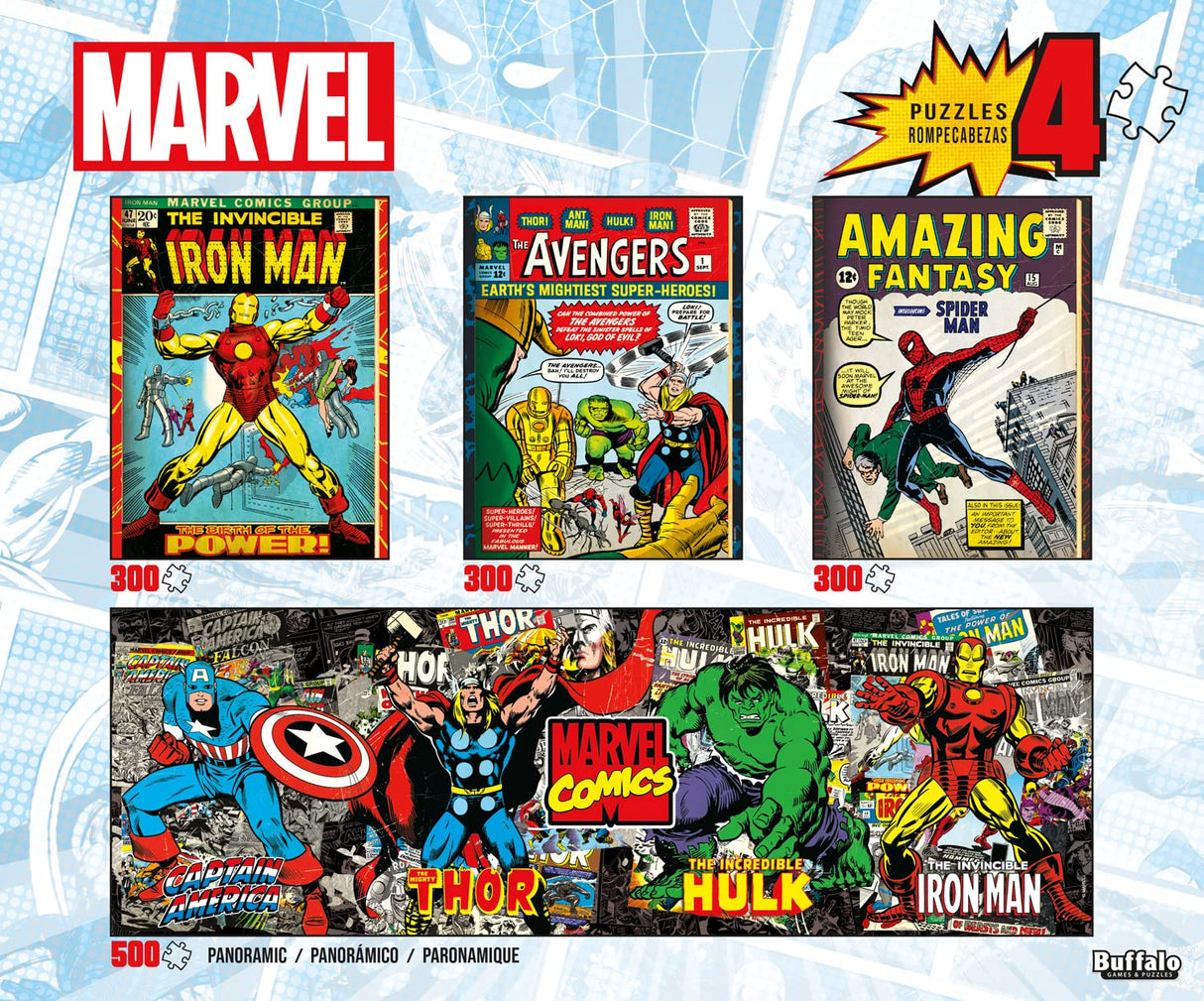 Buffalo Games - Marvel - 4 x 1 Multipack - Comics - Multi Piece Jigsaw Puzzle for Adults -Challenging Puzzle Perfect for Game Nights - Finished Size Varies Buffalo Games