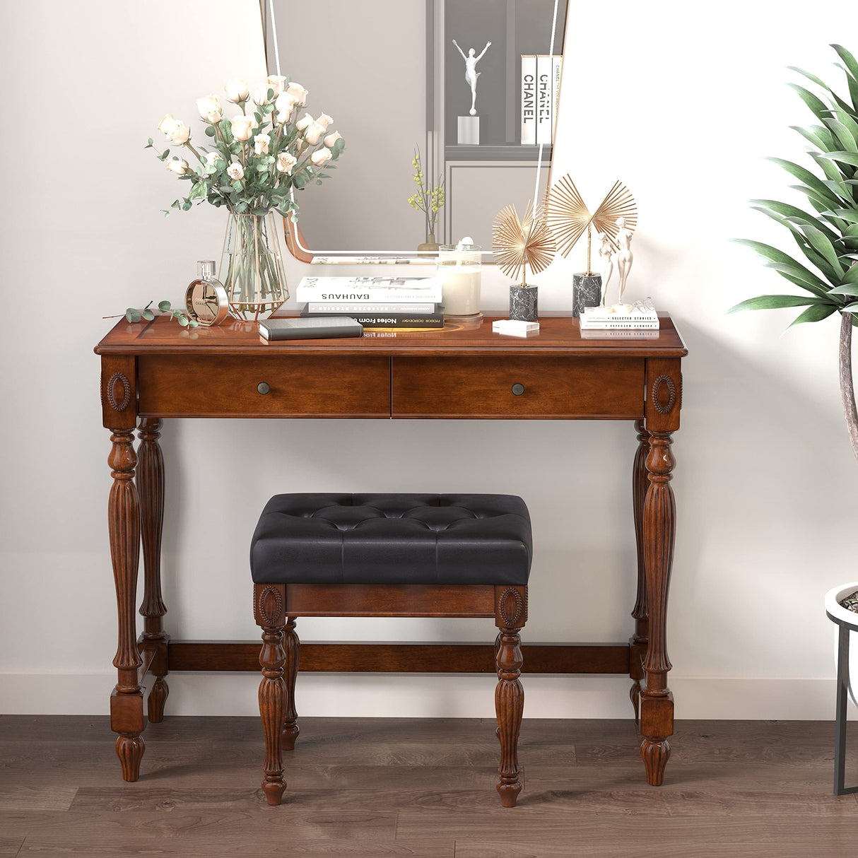 MODERION Solid Wood Computer Desk with 2 Drawers, Traditional Vanity Dressing Table, 46” Home Office Writing Desk, Workstation Easy Assembly Cherry MODERION