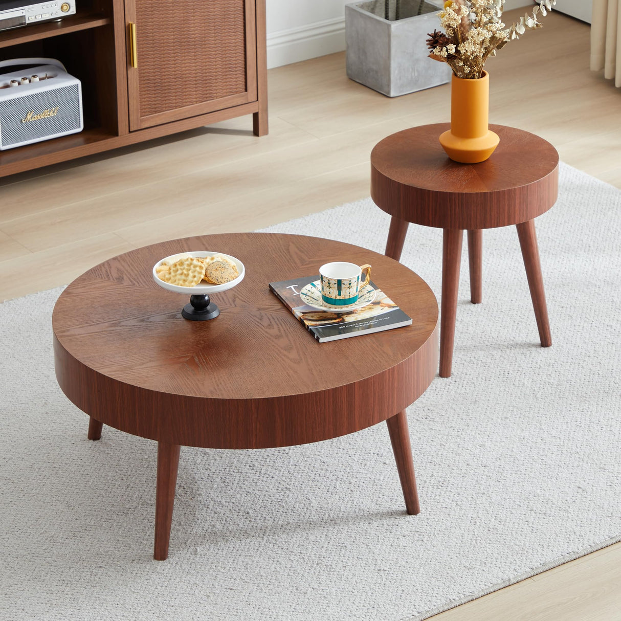 AVZEAR Nesting Round Coffee Table Set of 2, Mid Century Modern Coffee Table, Natural Wood Nesting Tables Walnut Side Table and Farmhouse End Table Set for Living Room Bedroom, Cafe, Office(Walnut) AVZEAR