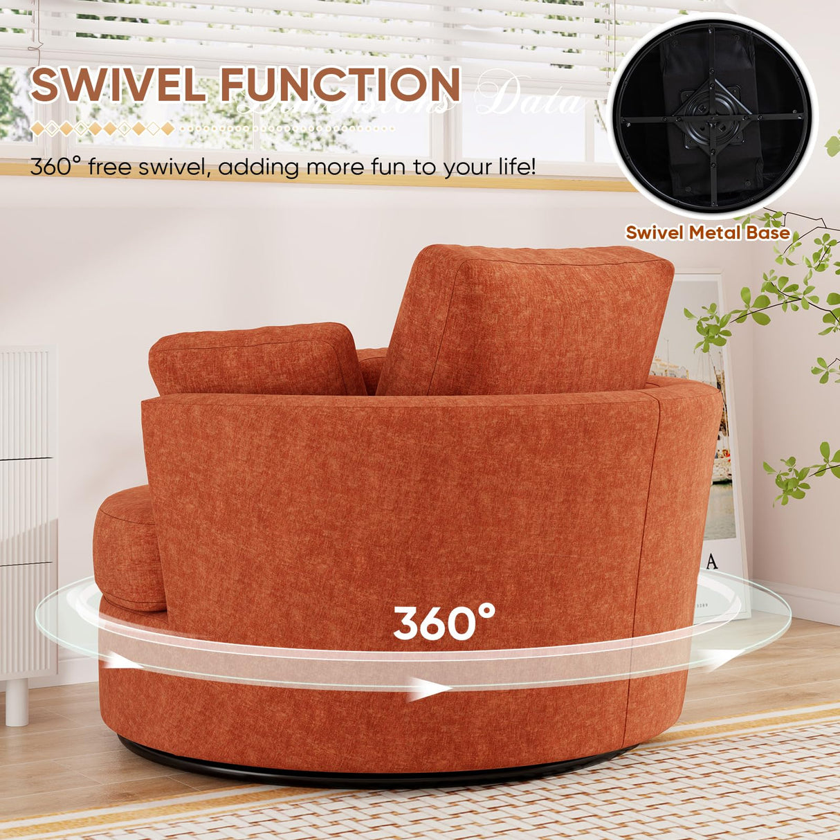 JEEOHEY Oversized Swivel Accent Chair with Half Moon Storage Ottoman, 42" W Chenille Round Swivel Barrel Chair, Modern Upholstered Comfy Single Sofa Armchair for Living Room, Bedroom, Club(Orange) JEEOHEY