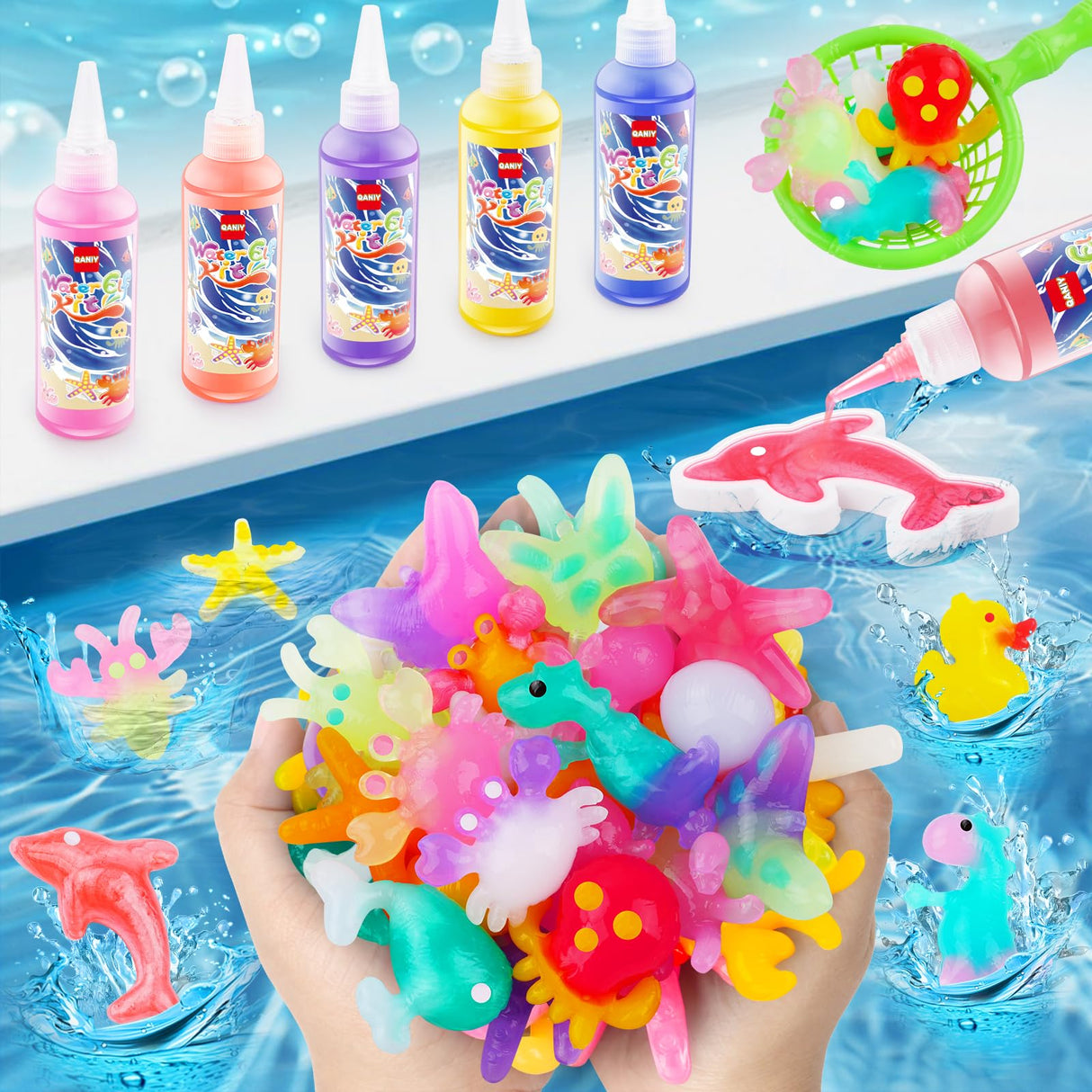 Magic Water Elf Toy Kit, Crafts for Kids Ages 4-8, Squishy Maker Set with 14 Magic Gels, 12 Shape Molds, Aqua Fairy, Magic Water Elf, Children's DIY Magic Water Gel Kit, Magic Elf Water Toy for Kids QANIY