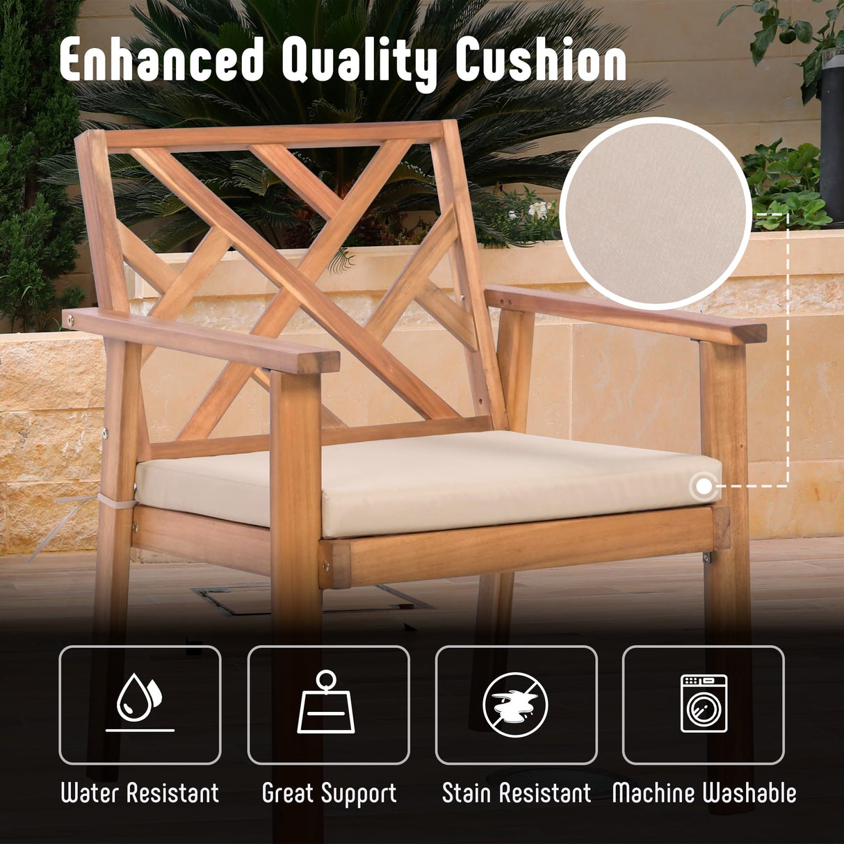 Werph 3 Piece Outdoor Patio Furniture Set, Wooden Conversation Patio Set with Padded Cushion Chairs and Coffee Table, Acacia Wood Lounge Conversation Set for Porch Balcony Deck Backyard Werph