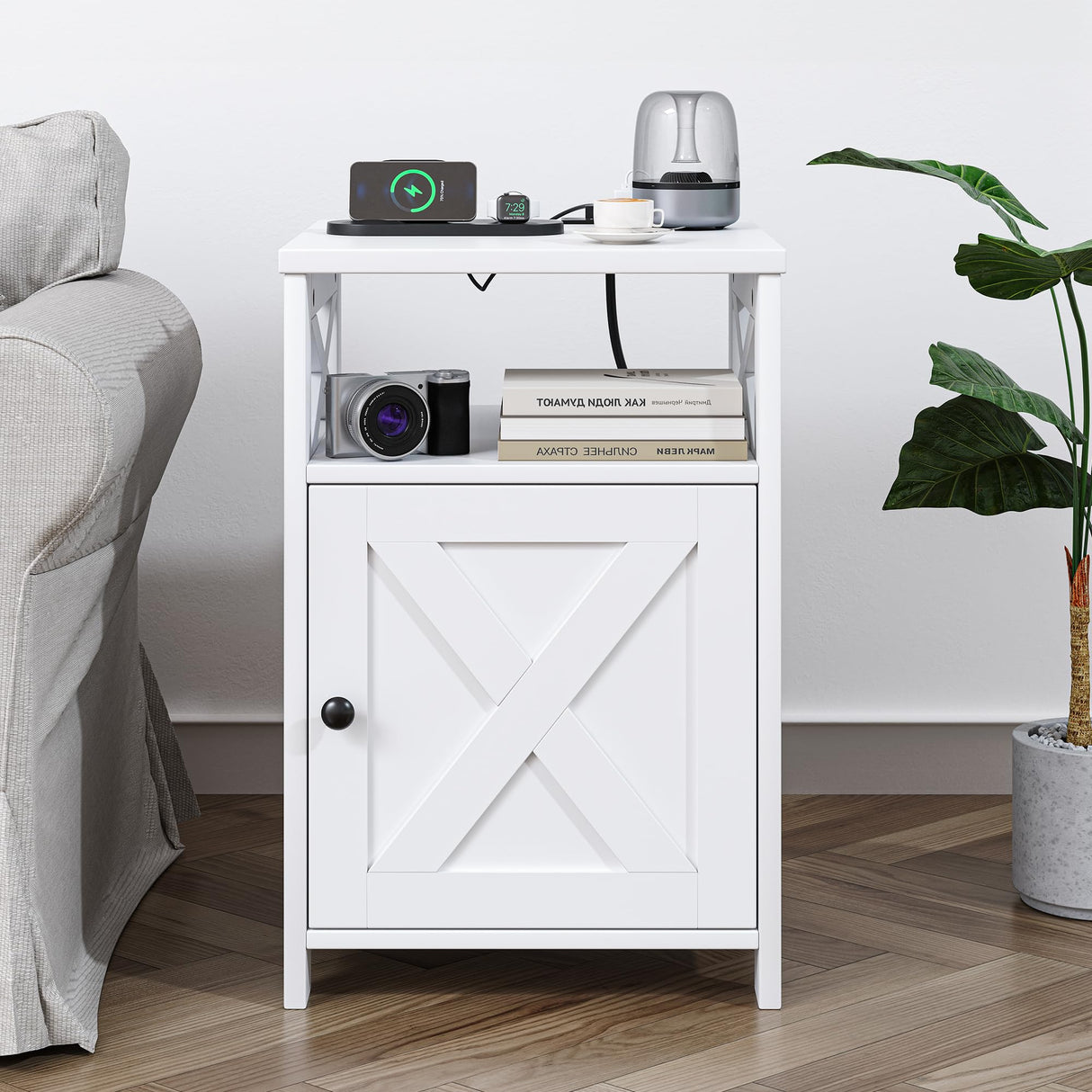 OtterOasis Farmhouse Nightstand with Charging Station and Barn Door, Bedside Table with Open Compartment and Storage, Side End Table for Bedroom, White OtterOasis