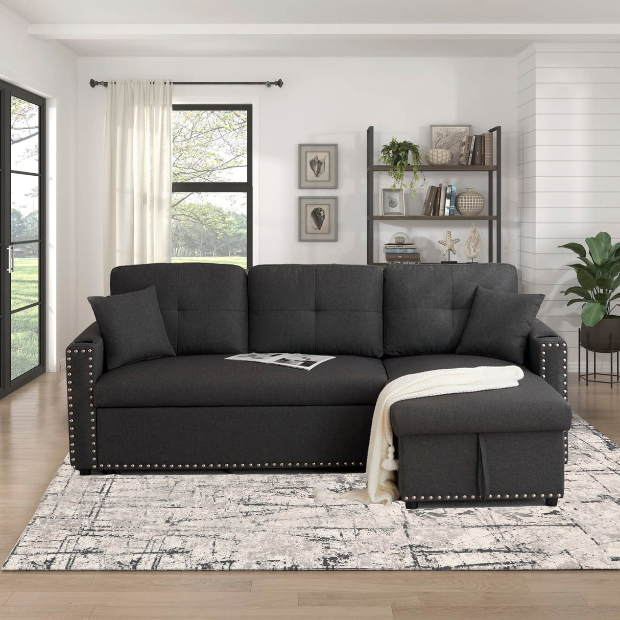 Generic Sleeper Sofa Bed Couch 3 Seater Modular Sectional Sofa Sleeper Pull Out Couch for Livnig Room Modern L Shaped Sleeper Sectional with Storage & Cup Holders, Dark Grey, F4777LIST WoodArtSupply