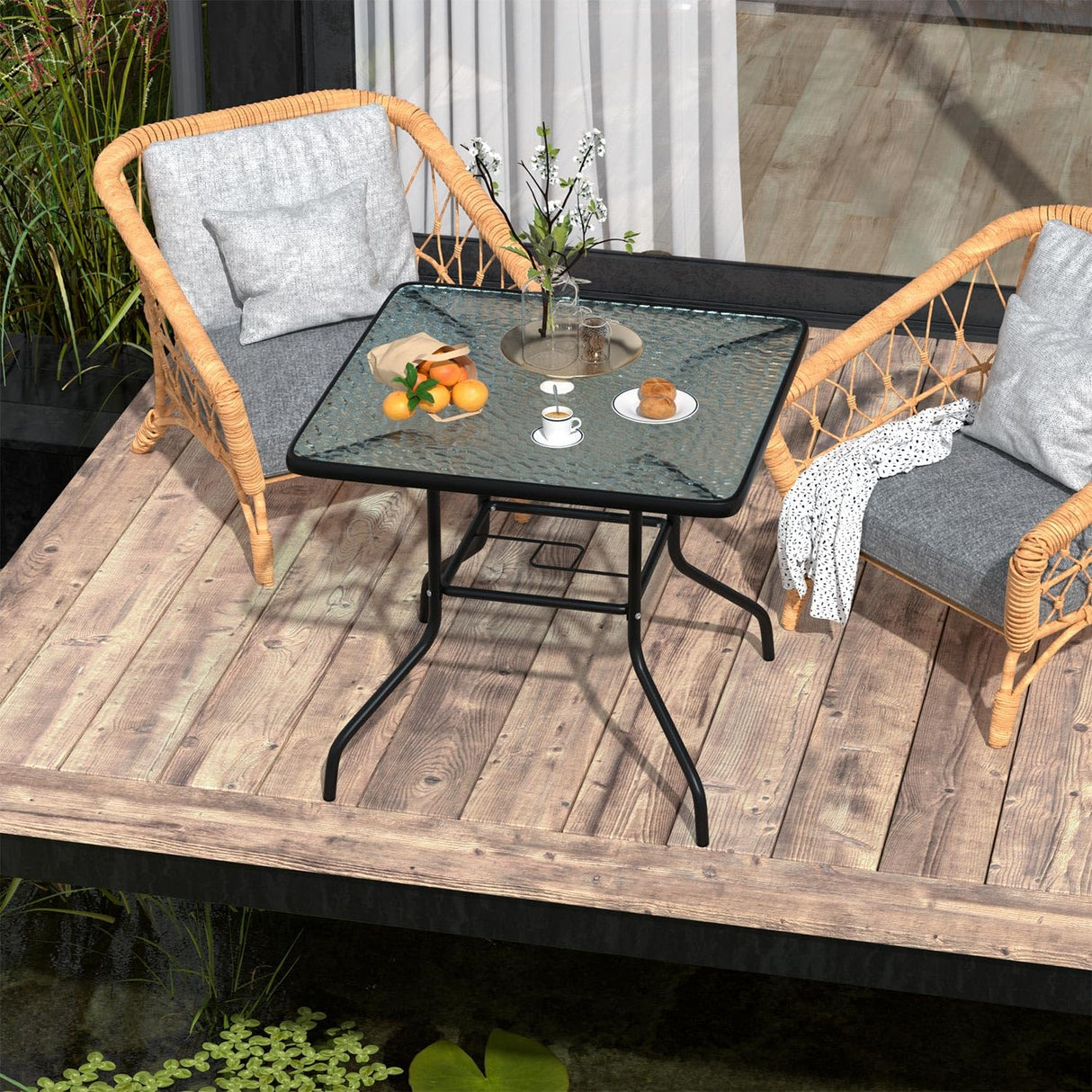 Square Outdoor Table, Patio Table with Umbrella Hole, Patio Dining Table with Tempered Glass, Outdoor Dining Tables, Square Patio Table for Balcony, Backyard, Poolside, Sunroom, Patio Tables, Black MKDLUFEI