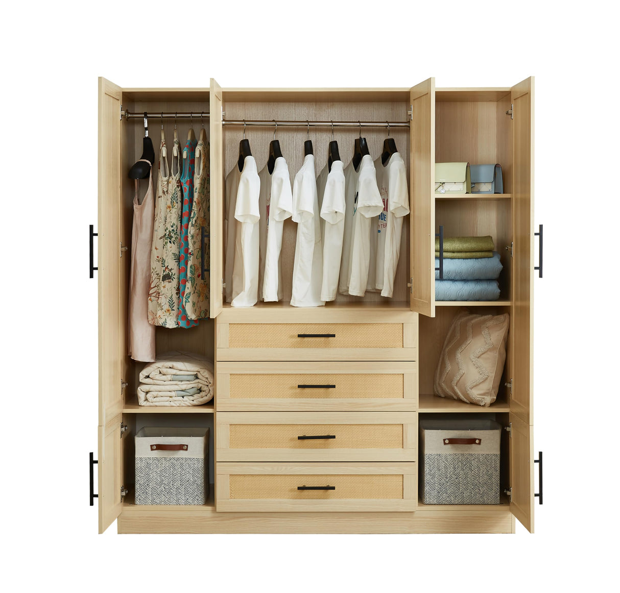 Sophshelter Rattan Armoire Wardrobe Closet: Closet Cabinet with 4 Doors 4 Drawers 2 Hanging Rods Shelves for Bedroom Closet Organizers and Storage with 2 Mirror 62.99''W x 18.9''D x 70.86''H Sophshelter