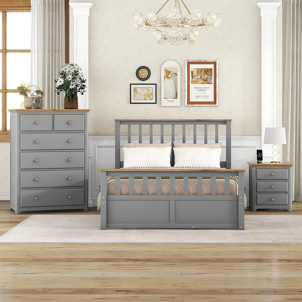 Merax 3-Piece Full Bedroom Furniture Set, Wooden Bedroom Set with Full Size Storage Platform Bed, 3- Drawer Nightstand and 6-Drawer Storage Chest (Gray+Natrual) Merax