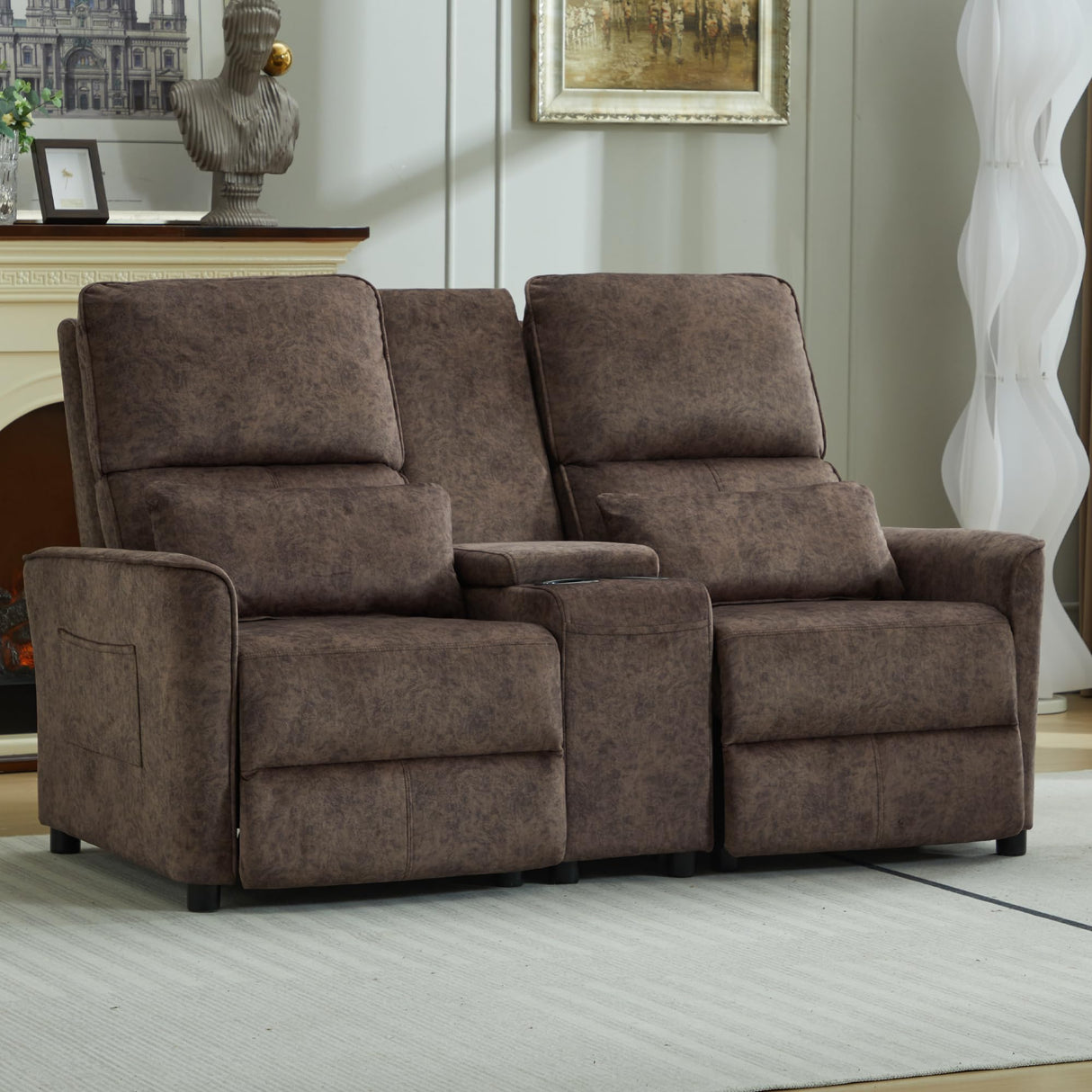 DRMBOOK 63'' RV Loveseat Recliner Sofa, Velvet Fabric Double Camper Couch 2 Seater Recliner with Console, Home Movie Theater Seating Chair, 2 Person Push Back Recliners for Living Room, Brown DRMBOOK