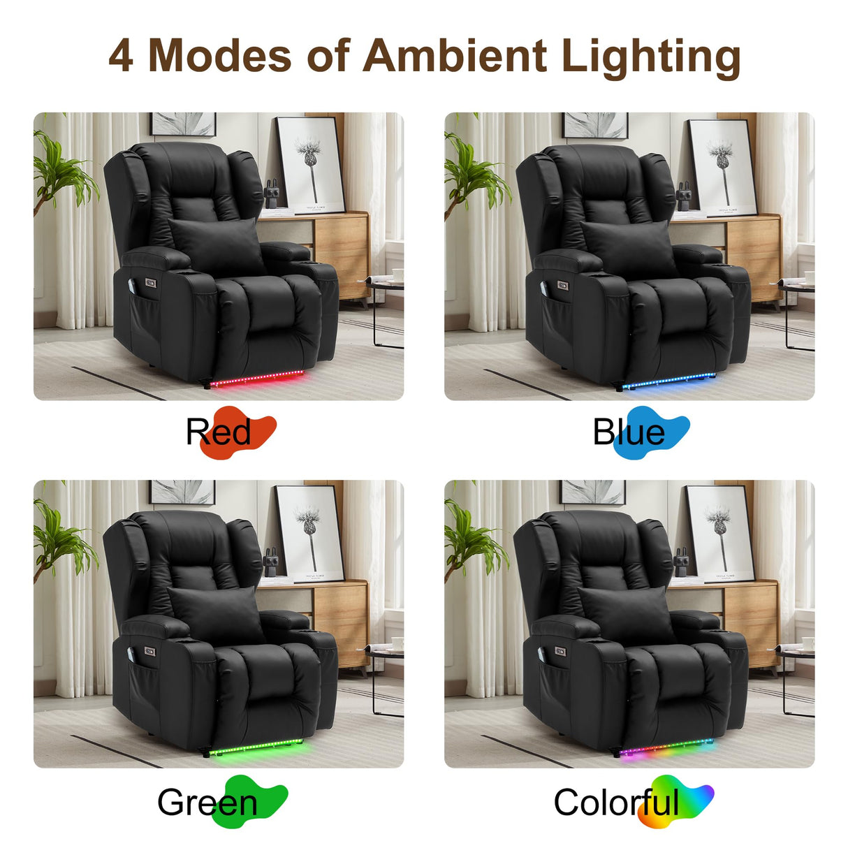 DRMBOOK Power Recliner Chair, Electric Wall Hugger Reclining Sofa with Massage & Heat, Overstuffed Theater Seating with LED/USB Port/Cup Holders for Living Room (Leather Black, 1 Chair) DRMBOOK