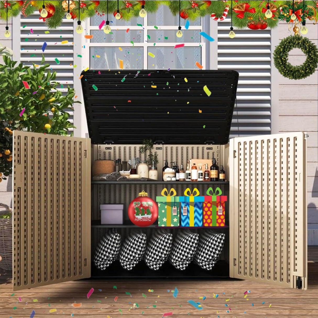 ZZM Large Outdoor Storage Shed, 48 Cu Ft Resin Versatile Storage Cabinet for Patio Accessories, Trash Cans & Garden Tools, Durable Horizontal Storage Box with Lockable Lid (Coffee) ZZM