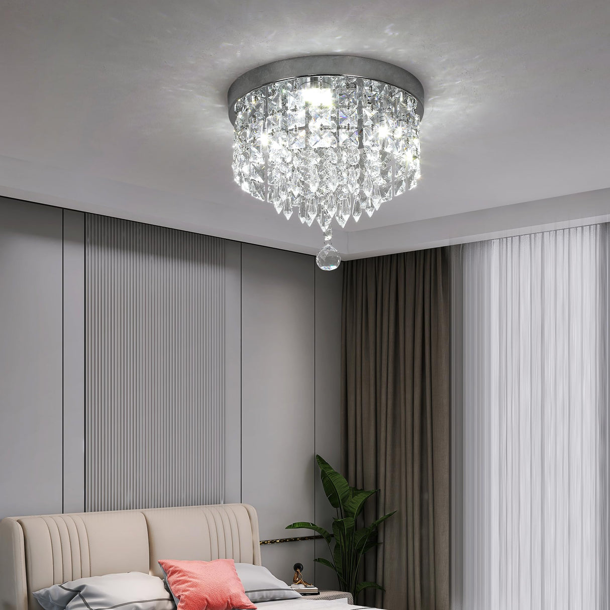 Deckrico Crystal Chandelier Modern Led Ceiling Light Flush Mount Stainless Steel Fixture Beaded Light Shade for Bedroom Dining Room Hallway Porch (White Light) Deckrico