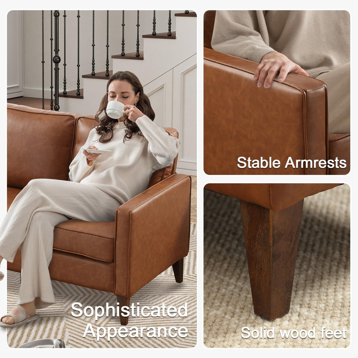 HAOMARKETS Faux Leather L Shaped Couch with Solid Wood Feet, 3-Seater Sofa with Reversible Chaise for Apartment, Sectional Couches for Living Room, Brown HAOMARKETS