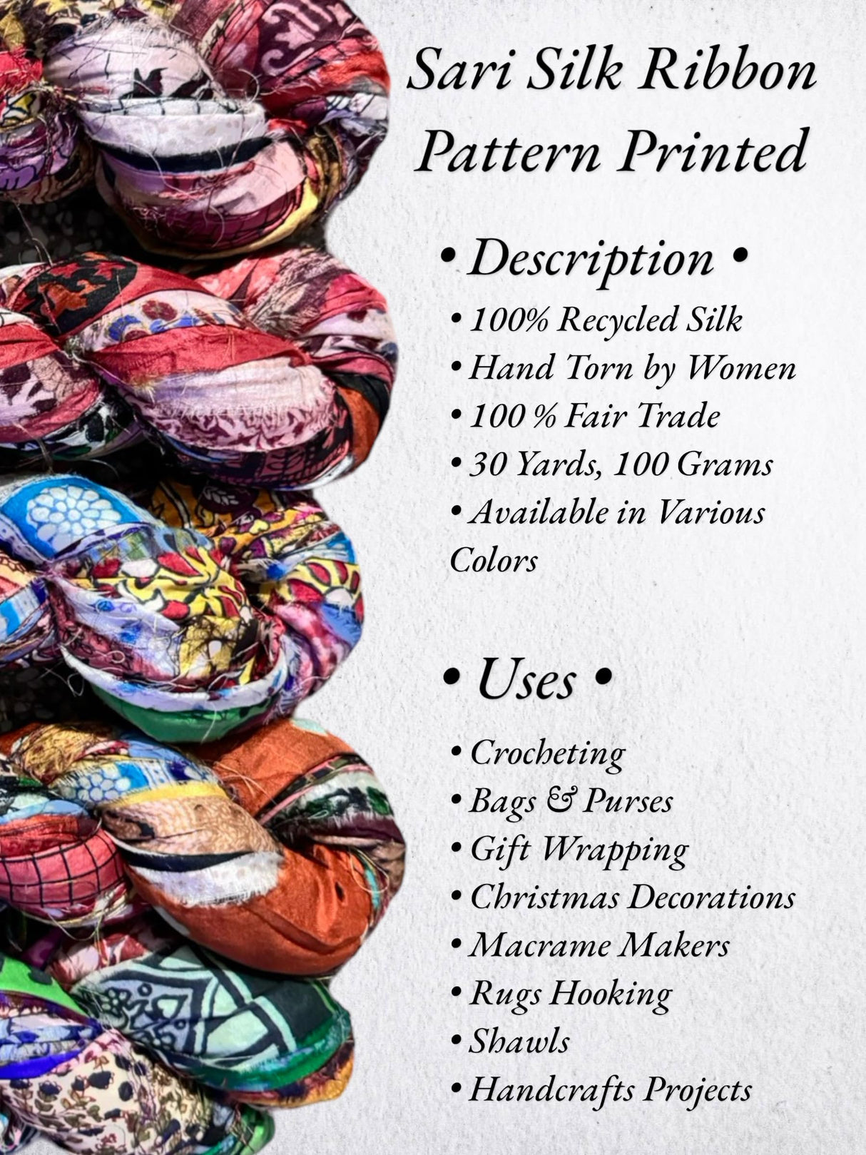 Maker's Craft Pattern Printed Sari Silk Ribbon Yarn 50 Yards, 100Grams for DIY, Knitting, Crocheting, Gift Wrapping, Christmas Decoration, Macrame Makers, Jewelry Making, Rugs Hooking Maker's Craft