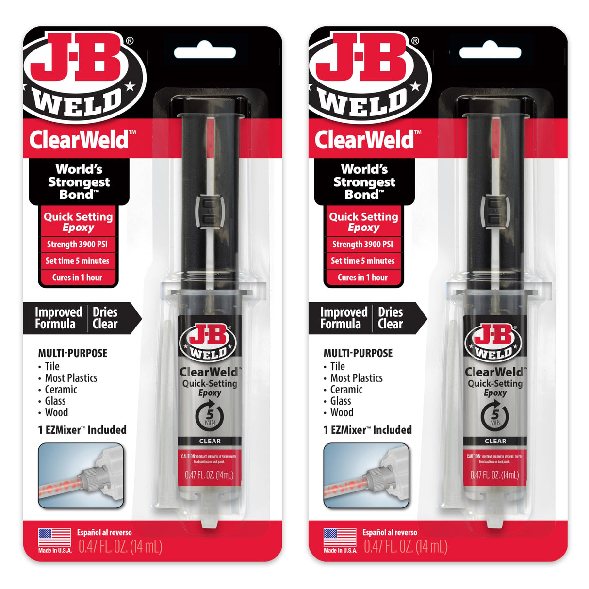 J-B Weld Clear 5 Minute Epoxy, 14ml, Static Mixer, 2 Pack, ClearWeld 14ml, 50114H-2 J-B Weld