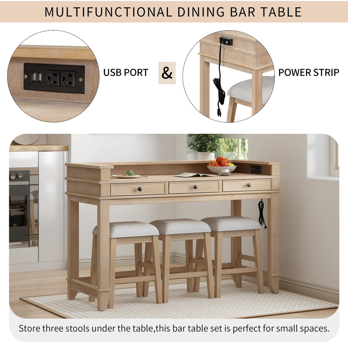 VilroCaz Natural 4-Piece Counter Height Dining Set with USB Port and Upholstered Stools VilroCaz