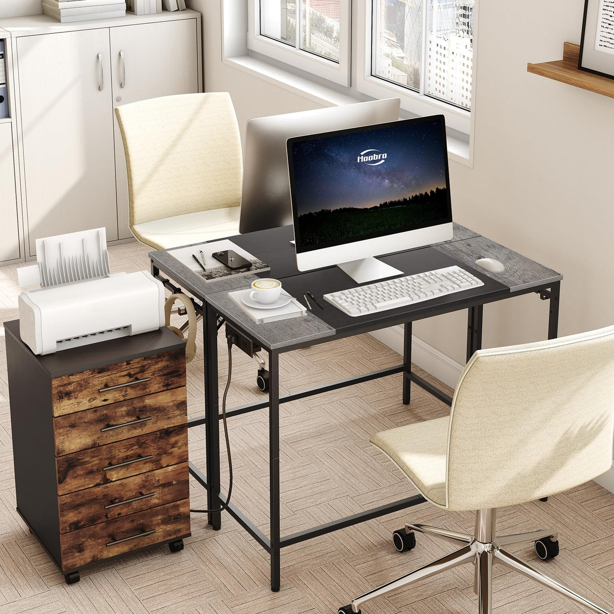 HOOBRO Computer Desk, Home Office Desk with Power Outlet, Modern Study Writing Desk with 3 Hooks for Study Room, Home Office, Sturdy and Stable, Easy to Assemble, Charcoal Gray and Black BC41UDN01 HOOBRO