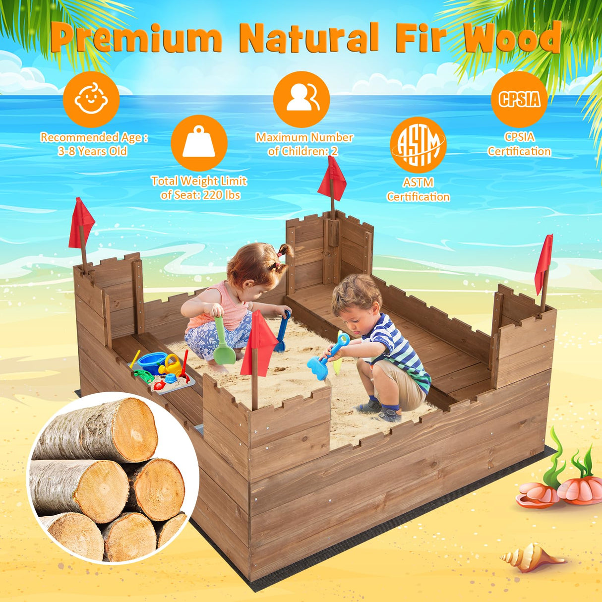 Costzon Kids Sandbox, Cedar Wood 45" x 45" Sand Pit w/Built-in Bench Seats, Storage Boxes, Flags & Protective Bottom Liner, Outdoor Sand Box for Kids Age 3+ for Backyard Garden Beach Costzon